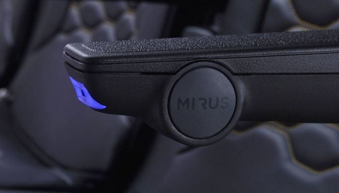 an aircraft seat arm rest with the Mirus logo